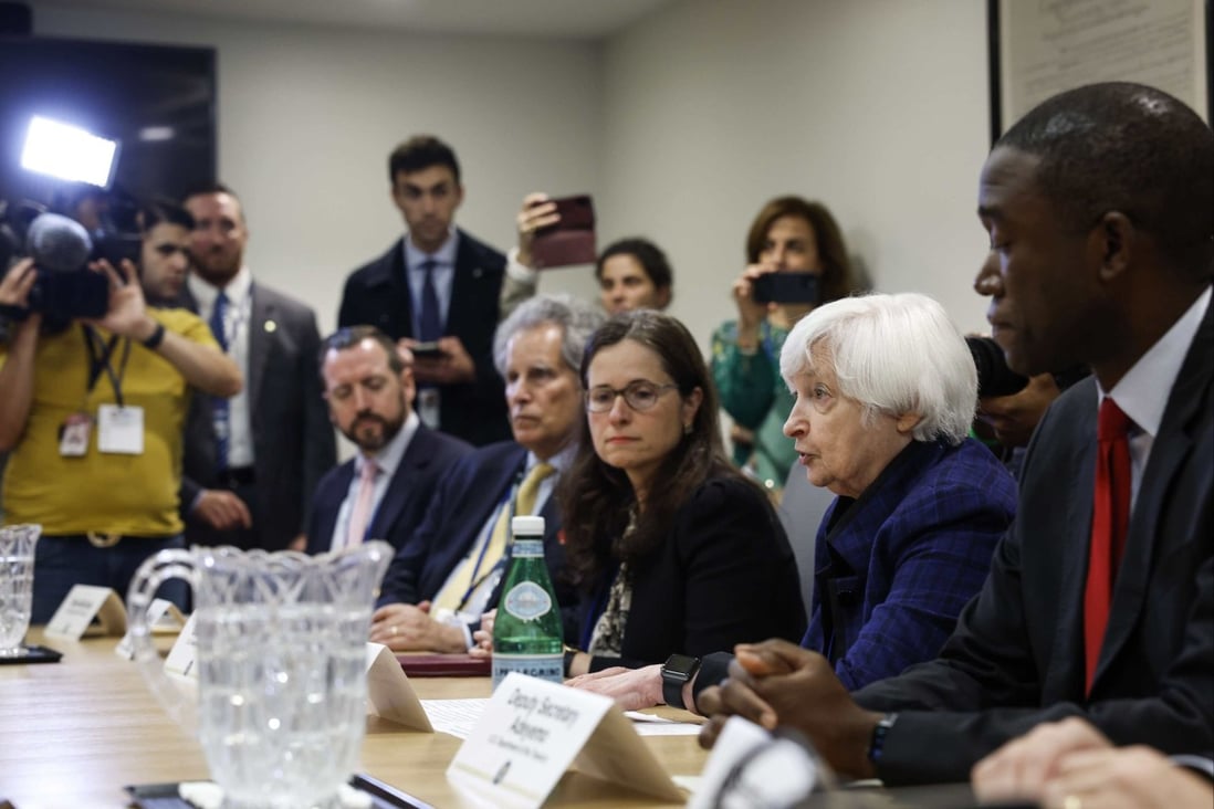 US Treasury Secretary Janet Yellen (second from right) speaks during a meeting on the fourth day of the IMF and World Bank annual meetings at the International Monetary Fund headquarters in Washington on October 13. Photo: Getty Images / AFP