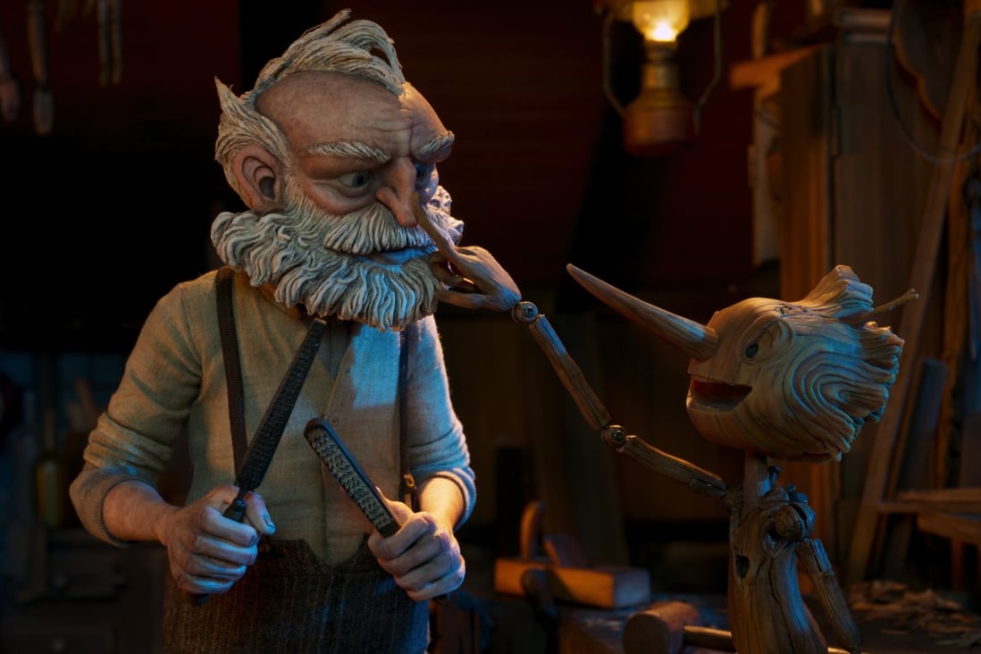 Gepetto (left, voiced by David Bradley) and Pinocchio (Gregory Mann) in a still from Guillermo del Toro’s Pinocchio. Photo: Netflix