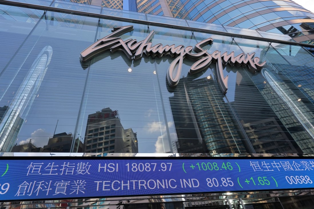 Stock and index tickers seen outside the Exchange Square complex in Central, Hong Kong. Photo: Jelly Tse