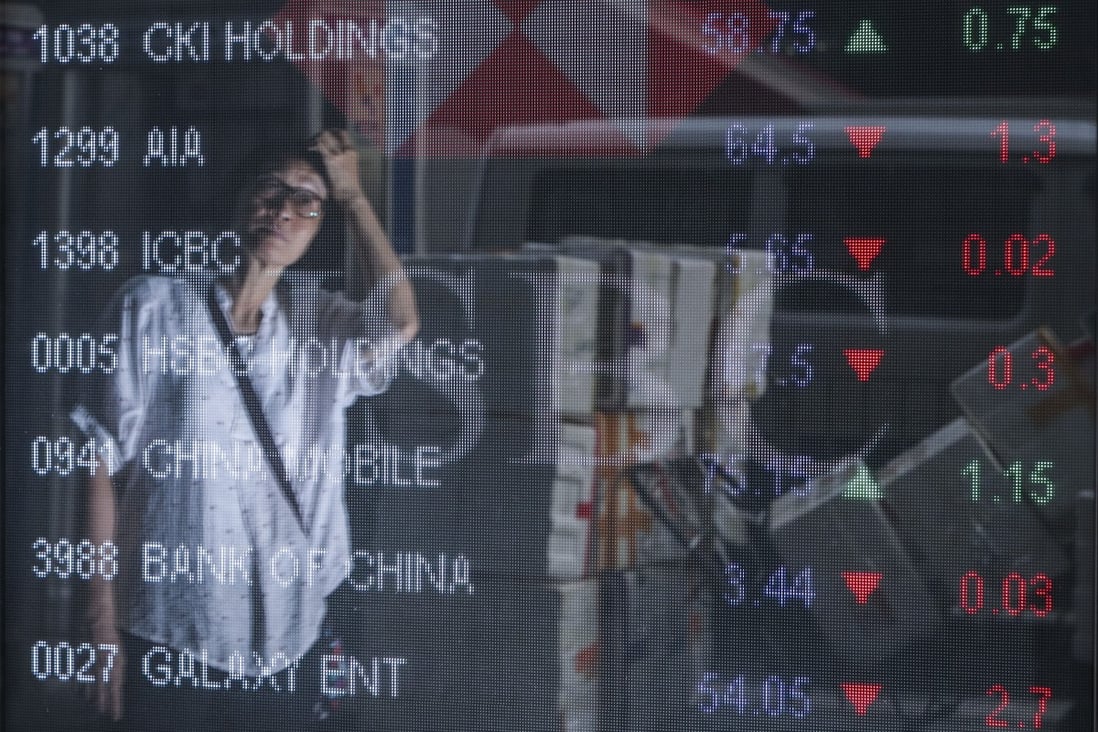 A pedestrian looks at an electronic screen displaying stock prices and the Hang Seng Index in Mong Kok, Hong Kong. Photo: Winson Wong