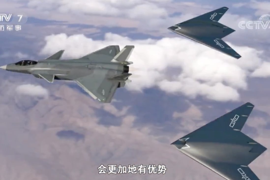 Chinese state broadcaster CCTV shows a twin-seat J-20 leading several UAVs that may be GJ-11 Sharp Sword drones. China seeks to turn advanced drones into “loyal wingmen” for stealth fighter jets. Photo: CCTV