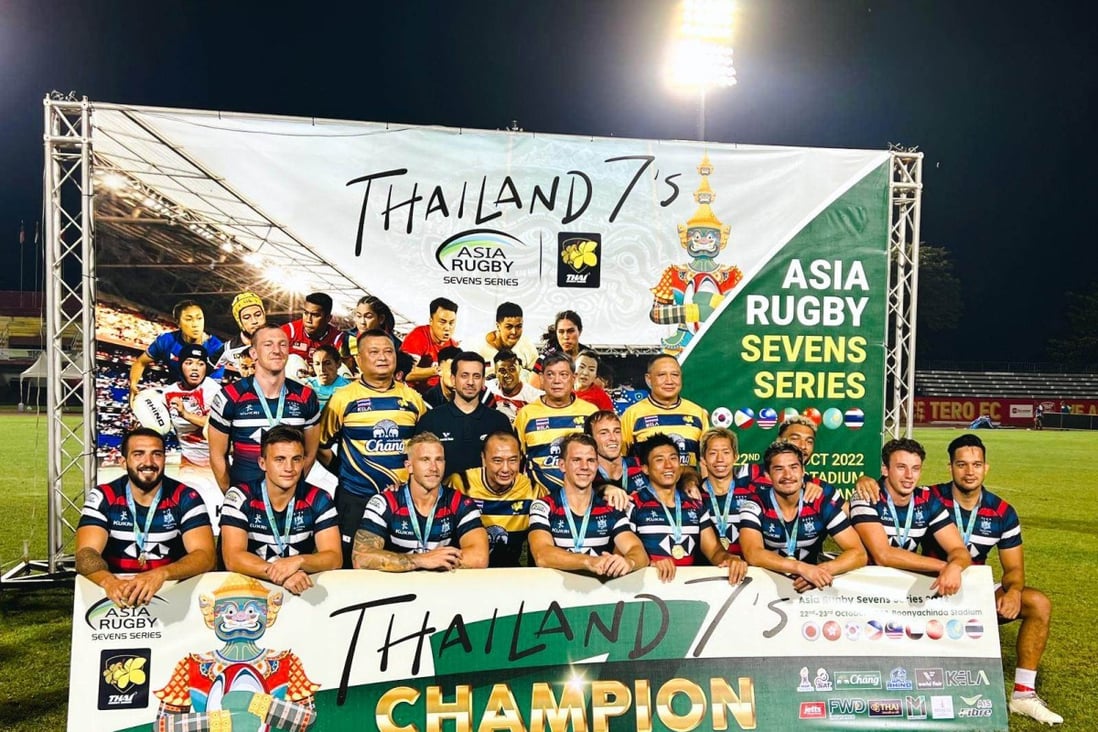 Hong Kong celebrate their win in the first leg of the Asia Rugby Sevens Series in Bangkok. Photos: Handout