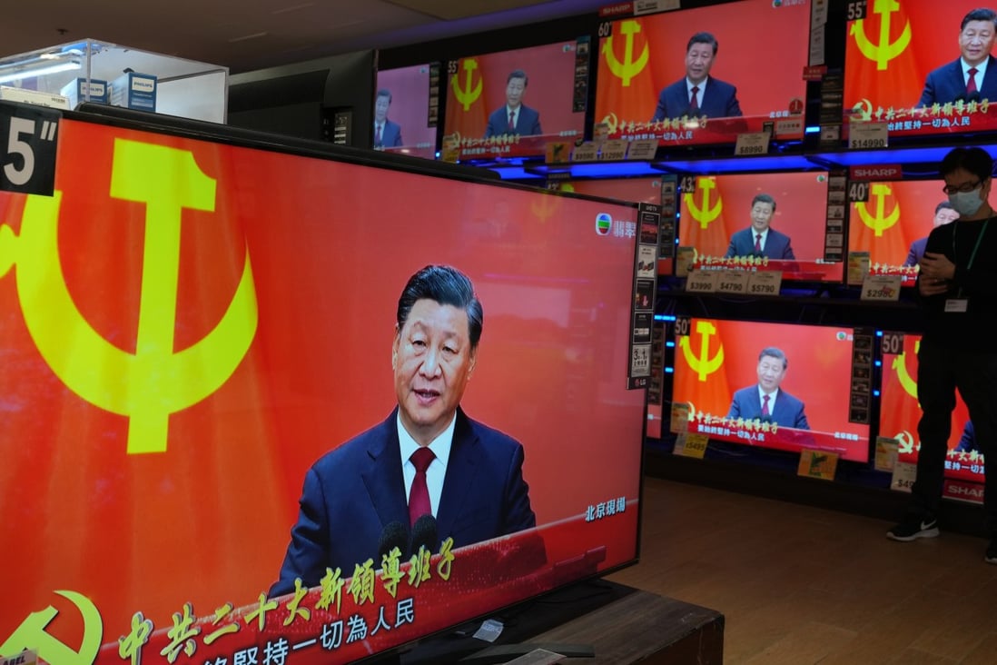 TV screen displaying news reporting of Chinese President Xi Jinping with his new team meet the media in Beijing at Quarry Bay department store on 23 October 2022. Photo: Robert Ng