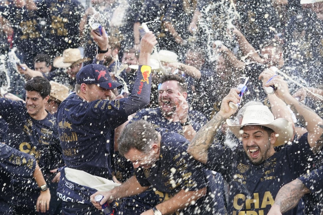 Max Verstappen celebrates with the Red Bull team after the US Grand Prix. Photo: AP