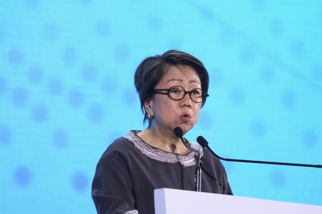 Laura Cha Shih May-lung, chairwoman of Hong Kong Exchanges and Clearing (HKEX), speaks at a financial forum for the Greater Bay Area in Hong Kong on September 21, 2022. Photo: SCMP / Yik Yeung-man