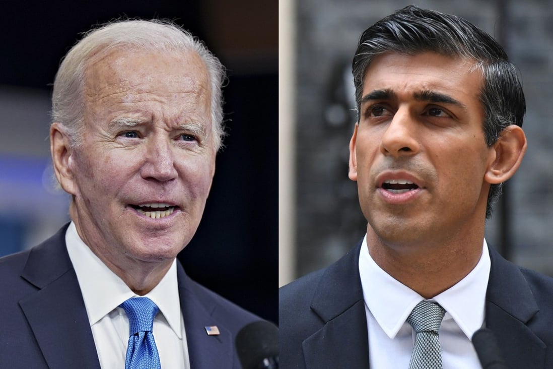 US President Joe Biden (left) and UK Prime Minister Rishi Sunak discussed UK-US cooperation, both bilaterally and in regions such as the Indo-Pacific, in a call on Tuesday. Photos: EPA-EFE and Bloomberg