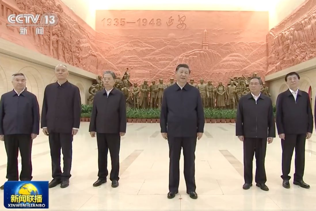 President Xi Jinping with members of China’s new Politburo Standing Committee in Yanan, in northwestern Shaanxi province. Photo: CCTV