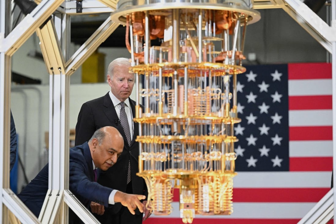 US President Joe Biden listens to IBM CEO Arvind Krishna during a tour of IBM’s facility in Poughkeepsie, New York, on October 6, when the company announced a multibillion-dollar investment in quantum computing, semiconductor manufacturing and other hi-tech areas. Photo: AFP via Getty Images/TNS