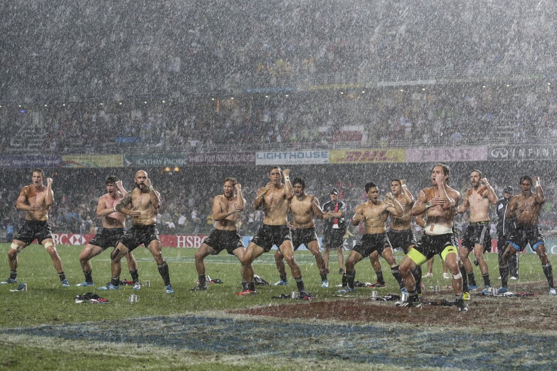 New Zealand perform the Haka during a downpour in in 2014. Photo: K. Y. Cheng