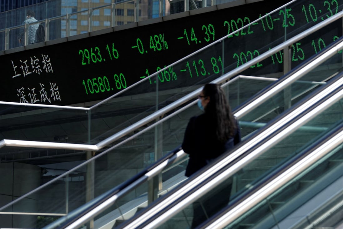 An electronic board shows Shanghai and Shenzhen stock indexes, at the Lujiazui financial district on October 25. Photo: Reuters