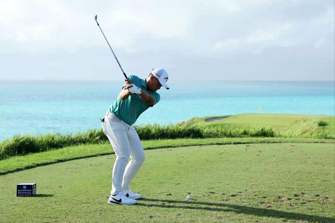 Kevin Yu tees off on 16 at Port Royal Golf Course during the third round of the Butterfield Bermuda Championship. Photo: AFP