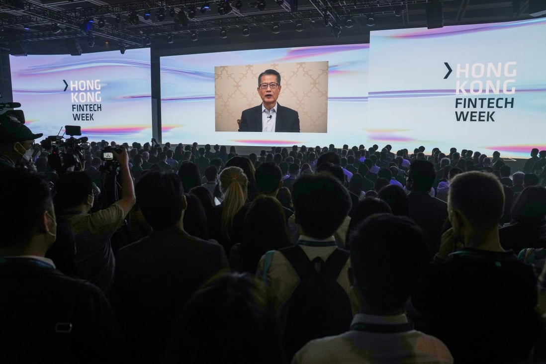 A pre-recorded video by Financial Secretary Paul Chan is shown at the opening ceremony of FinTech Week. Photo: Sam Tsang