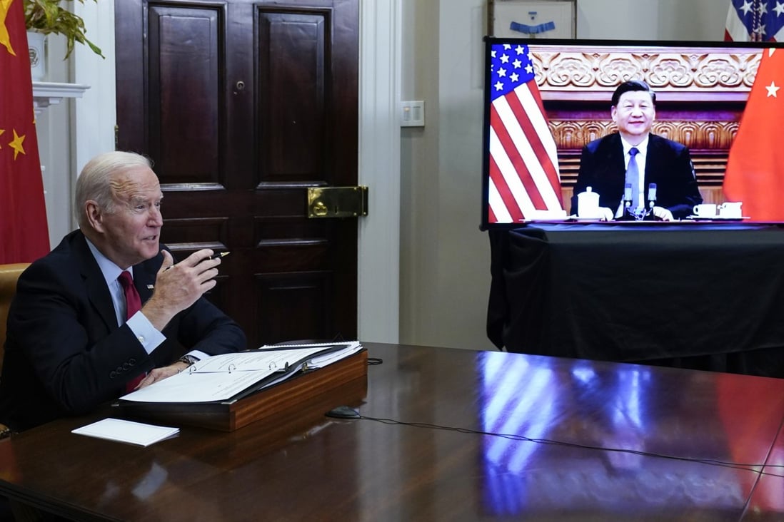 US President Joe Biden speaking with Chinese President Xi Jinping from the White House on November 15, 2021. The two leaders have yet to hold an in-person meeting since Biden took office January 20, 2021. Photo: AP 