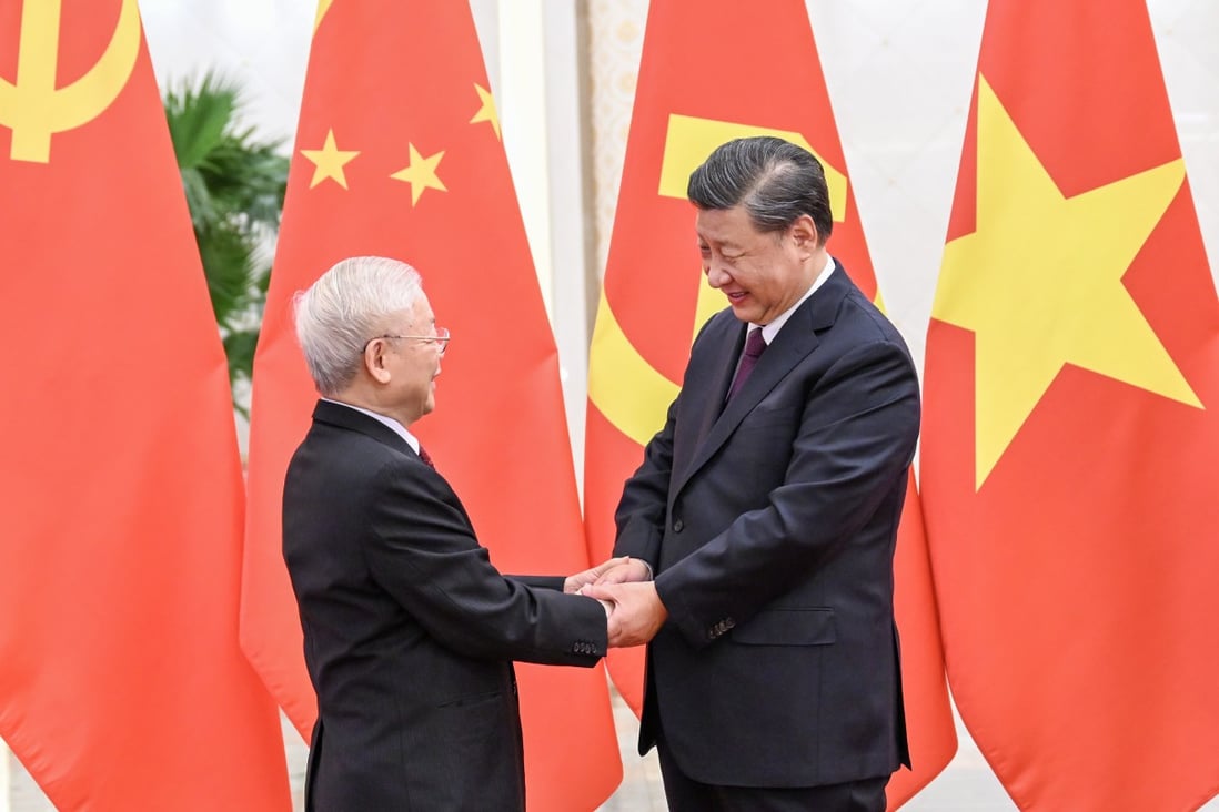 Xi Jinping welcomes Nguyen Phu Trong to Beijing on Sunday. Both are serving their third term as leaders of the ruling communist party of their respective countries. Photo: Xinhua