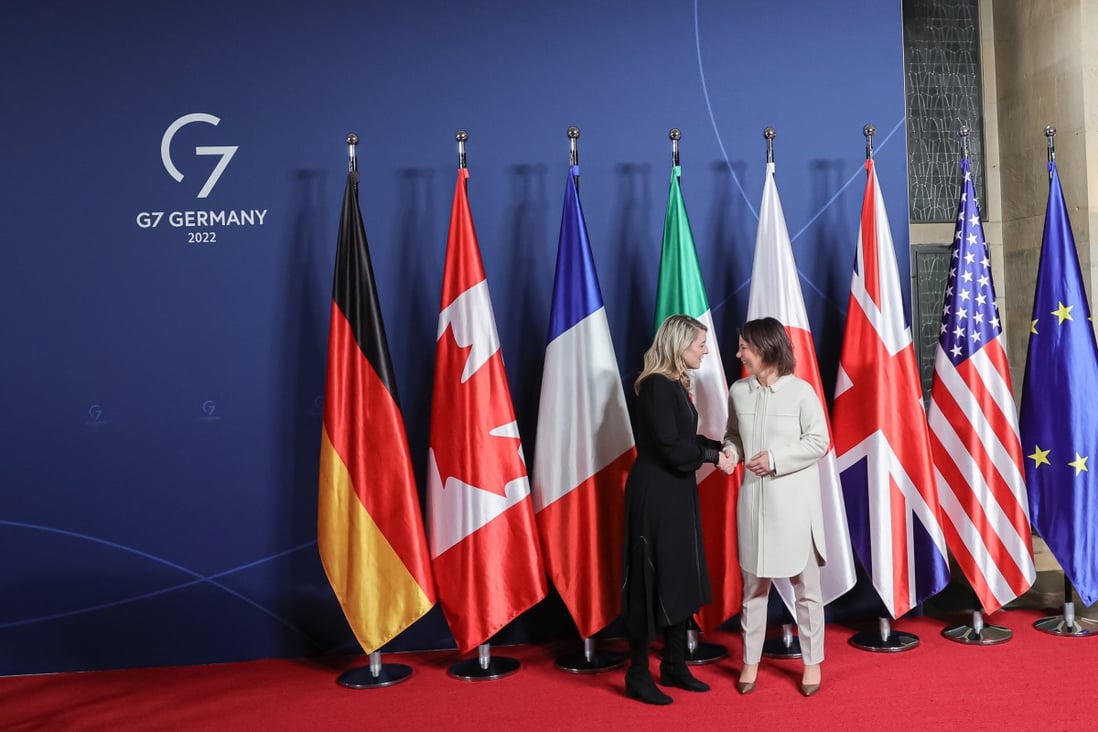 German Minister of Foreign Affairs Annalena Baerbock, right, welcomes Canadian Foreign Minister Melanie Joly for the G7 Foreign Ministers summit n Muenster, Germany. Photo: A-EFE