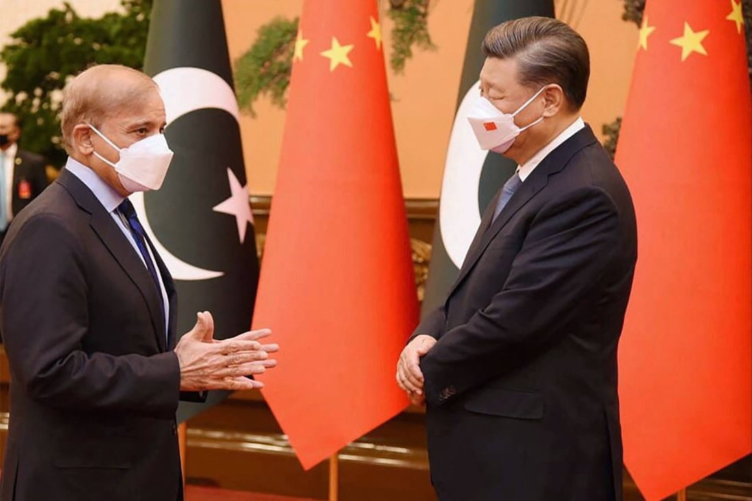 Chinese President Xi Jinping with Pakistani Prime Minister Shehbaz Sharif ahead of talks at the Great Hall of the People in Beijing on Wednesday. Photo: AFP