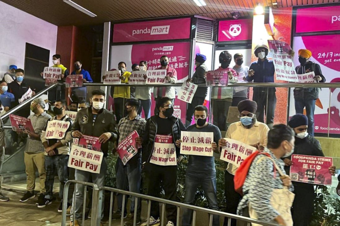 Striking couriers at takeout delivery firm Foodpanda vent their grievances in Central on Thursday. Photo: Facebook.
