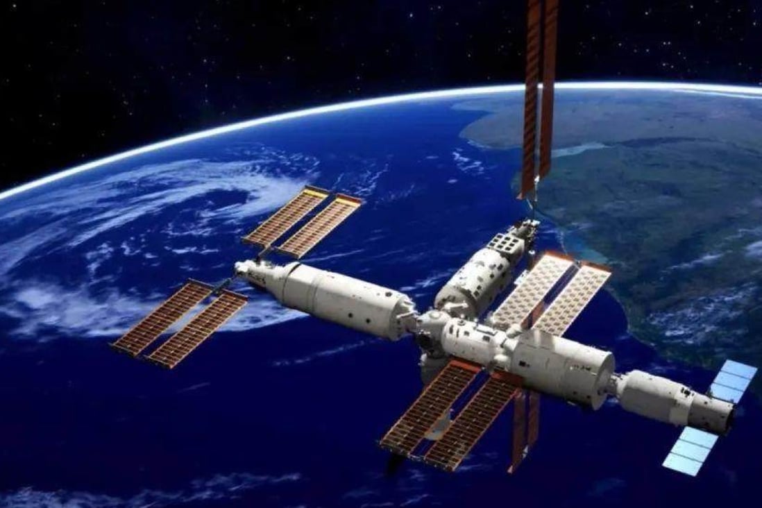 An Illustration of China’s Tiangong space station, which assumed its basic T-shape configuration on Thursday with the docking of the Mengtian research vessel in its final port. Photo: CMSA