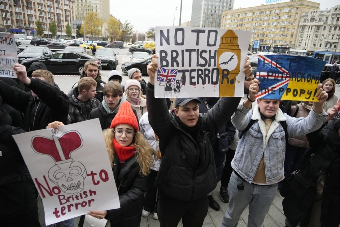 Russian activists protesting against what it says is Britain’s involvement in a Ukrainian drone strike on its Black Sea Fleet in Crimea. Photo: AP