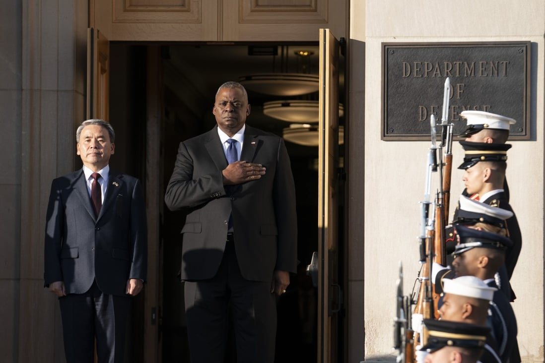 US Defence Secretary Lloyd Austin (right) with his South Korean counterpart Lee Jong-sup at the Pentagon on November 3. Photo: AFP
