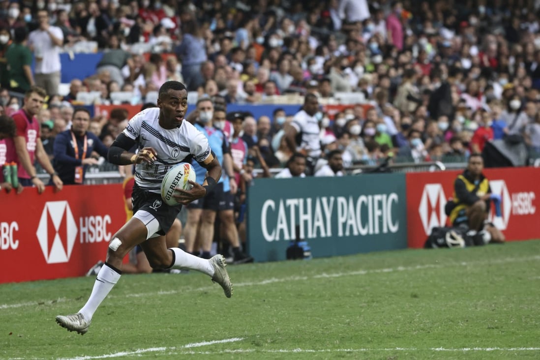 Fiji’s Vuiviawa Naduvalo races towards the try line against Team USA. Photo: K. Y. Cheng