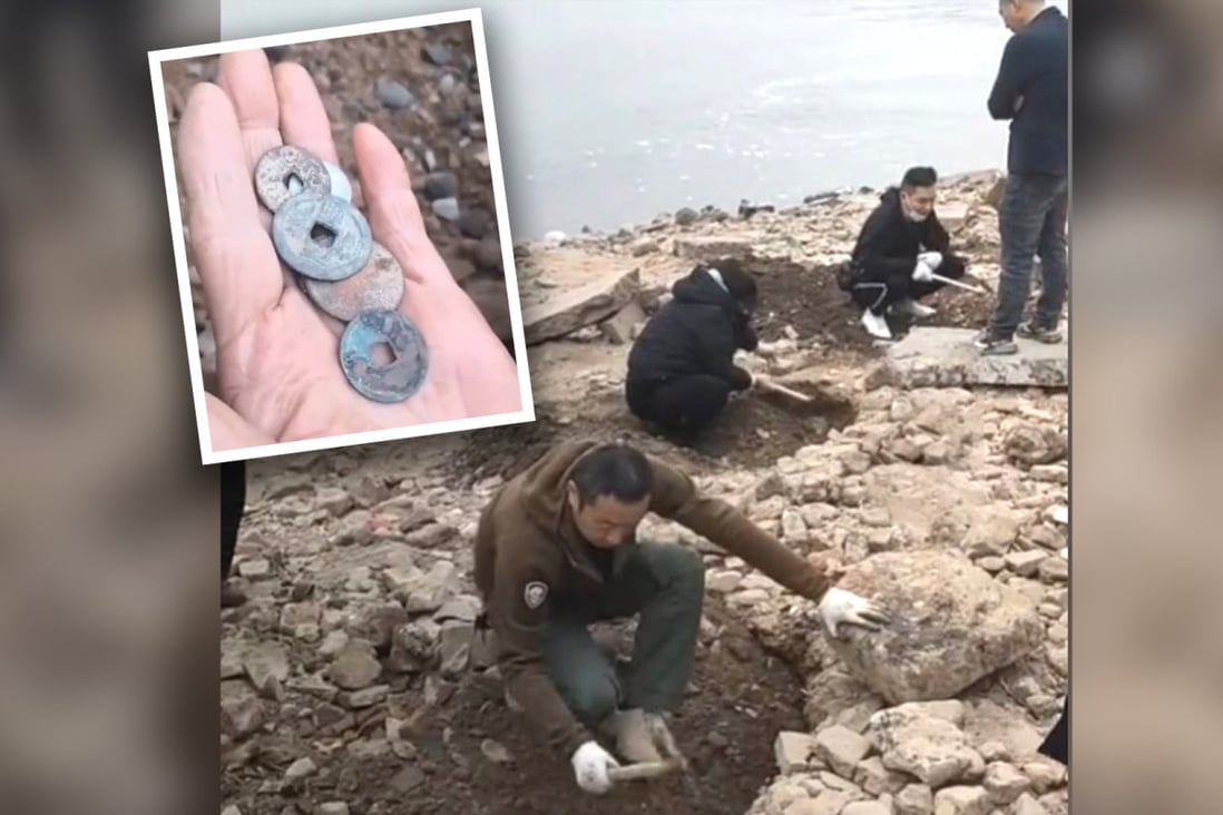 Amateur treasure hunters, armed with metal detectors and spades have descended on riverbeds in China recently exposed by a record summer heatwave. Photo: SCMP composite
