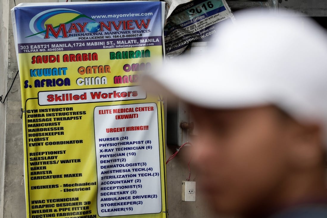 An advertisement looking for skilled workers in Manila to go to the Middle East in 2017 before the Philippines suspended deployment of Filipino workers to Qatar, Egypt, Saudi Arabia, Bahrain and the United Arab Emirates. Photo: EPA