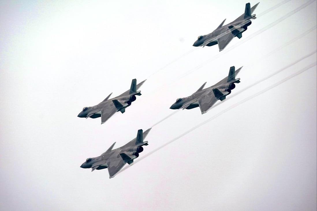 J-20 jet fighters fly in formation at the China International Aviation and Aerospace Exhibition in Zhuhai, Guangdong province, on Tuesday. Photo: Xinhua
