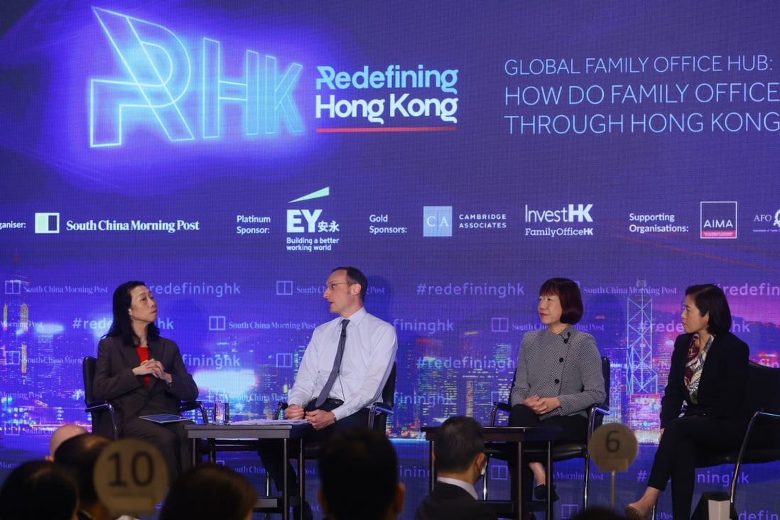 From left, the SCMP’s Enoch Yiu, Martin Hennecke of  St James’s Place, Fan Cheuk-wan of HSBC Global Private Banking and Wealth, and Grace Tam of BNP Paribas at the SCMP panel on family offices in Hong Kong on Thursday. Photo: Dickson Lee