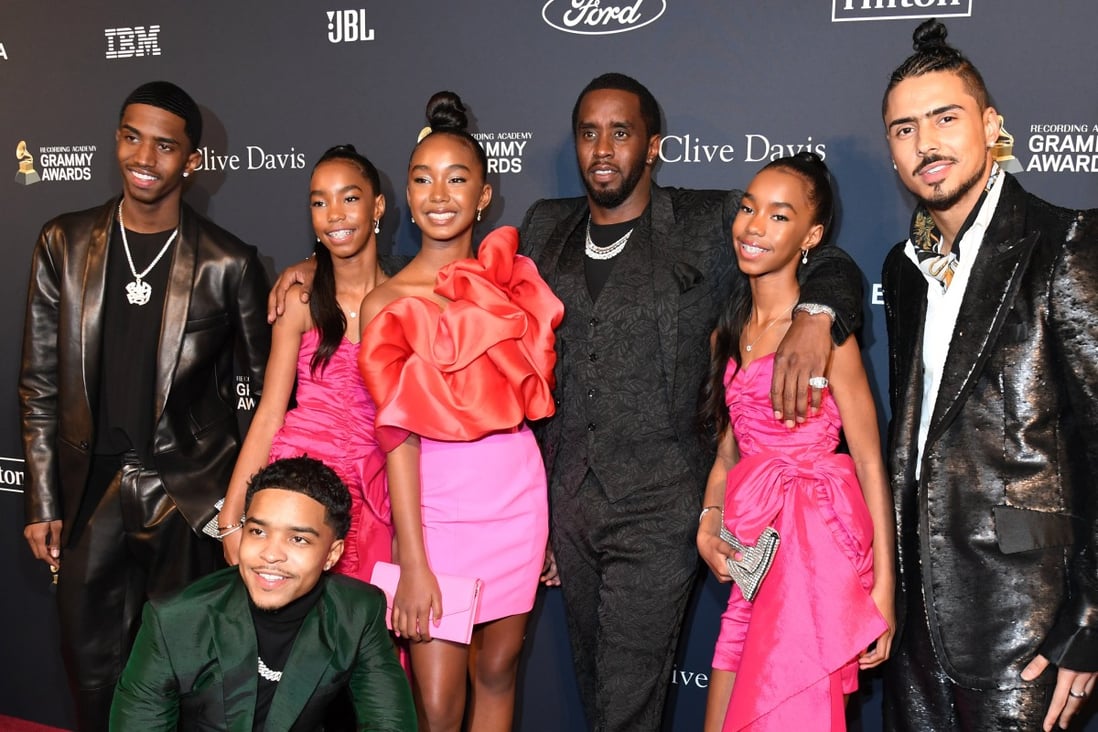 Christian Casey Combs, Jessie James Combs, Justin Dior Combs, Chance Combs, Sean Combs, D’Lila Star Combs, and Quincy Taylor Brown at the Grammys together, in 2020. Photo: Getty Images