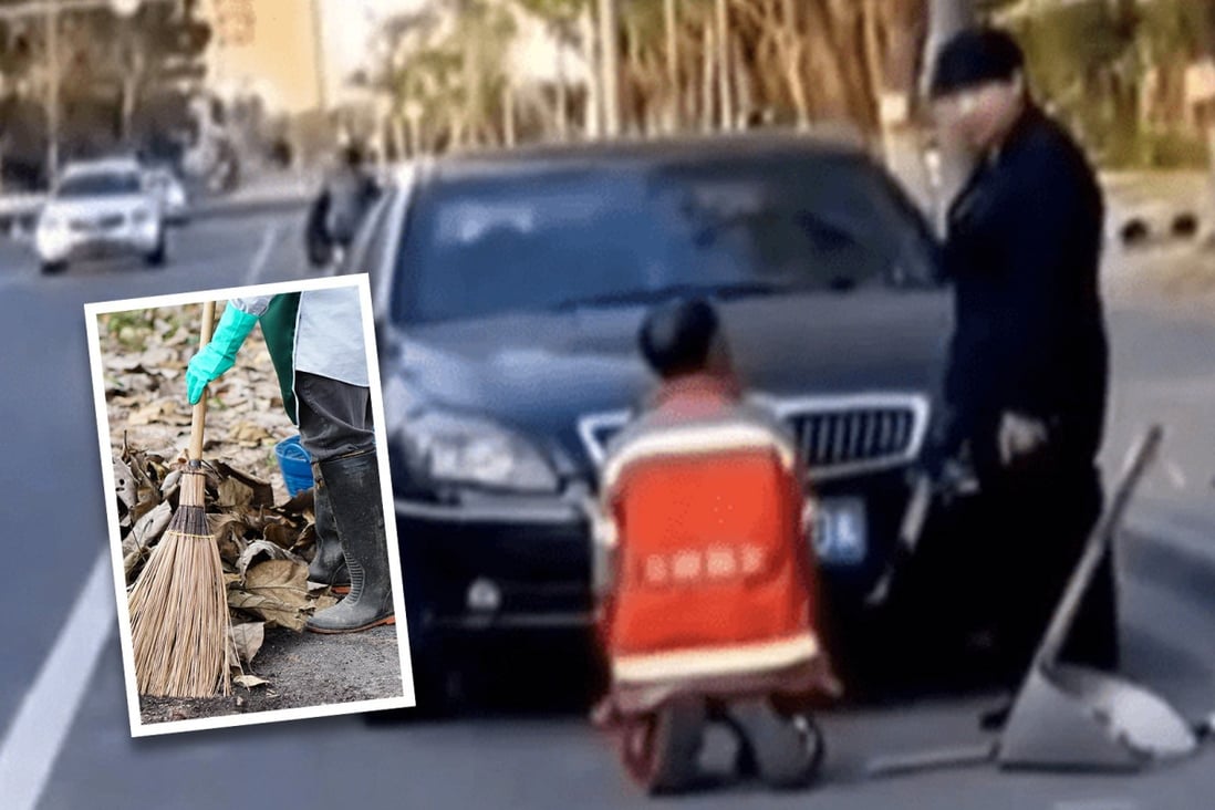 A video of a couple in a luxury car abusing a street cleaner for accidentally sweeping rubbish onto their vehicle prompts public calls for justice. Photo: SCMP composite/Douyin