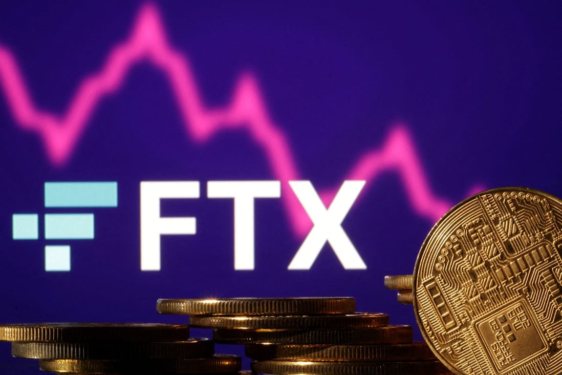 Representations of cryptocurrencies seen in front of a displayed FTX logo and decreasing stock graph in this illustration taken November 10, 2022. Photo: Reuters