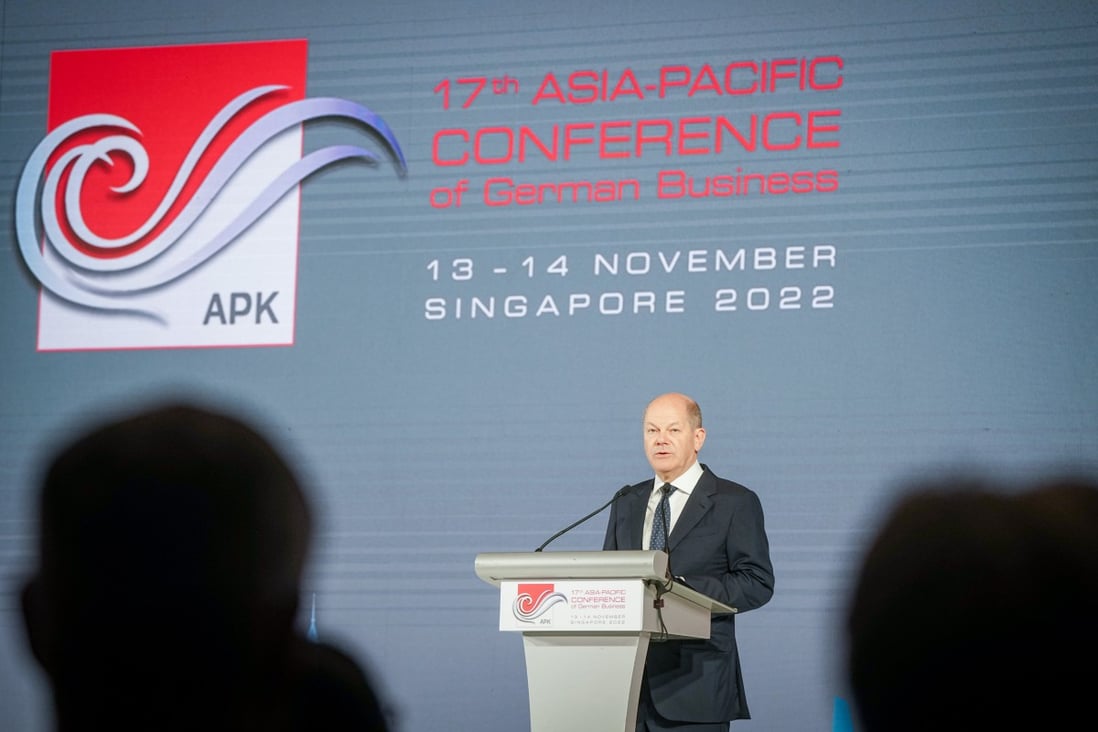 German Chancellor Olaf Scholz speaks during the 17th Asia-Pacific Conference of German Business. The German leader was in a Singapore for a two-day visit - his first since taking office last December - and will attend the G20 Summit in Bali on Tuesday. Photo: dpa