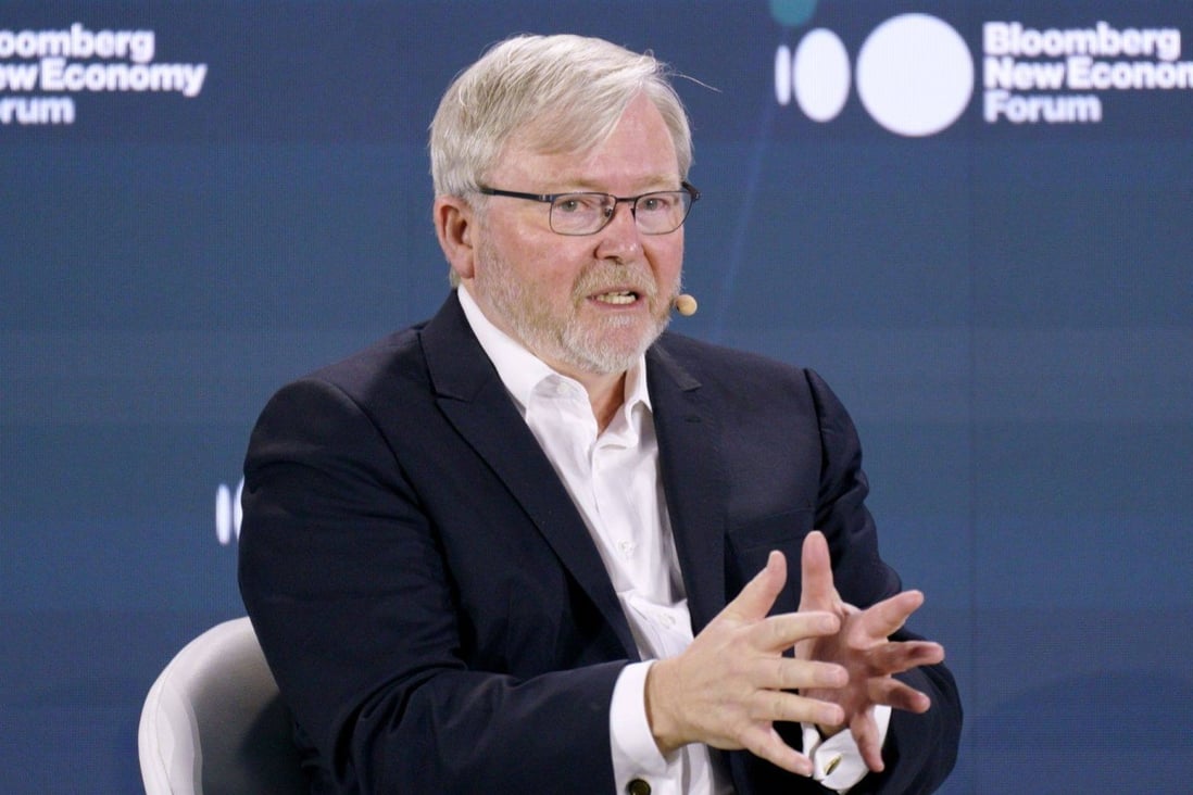 Kevin Rudd, president of the Asia Society, speaks during the Bloomberg New Economy Forum in Singapore, on Thursday. Photo: Bloomberg