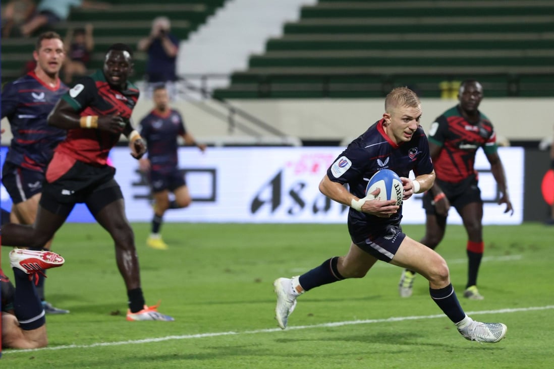 USA’s Mitch Wilson scores against Kenya in the Rugby World Cup final qualifying tournament at The Sevens Stadium in Dubai. Photo: World Rugby