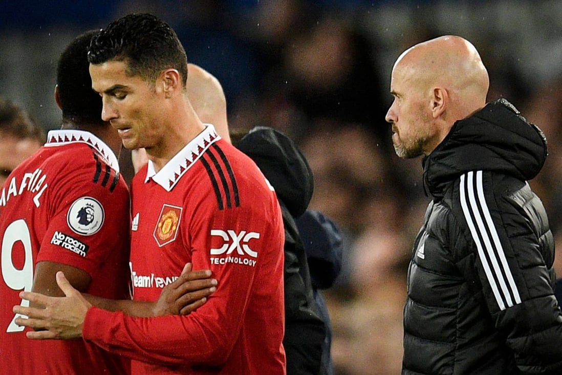 Manchester United’s Dutch manager Erik ten Hag (right) watches as Portuguese striker Cristiano Ronaldo is subbed on. Photo: AFP