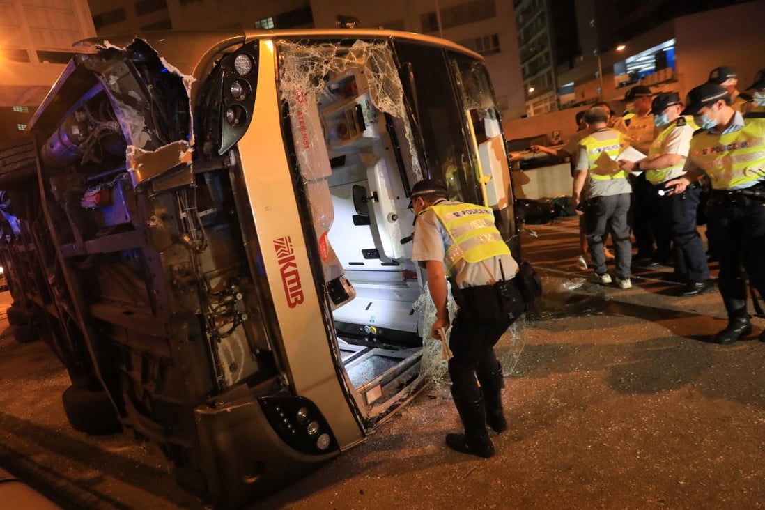 An overturned bus in Tai Wai, following a fatal accident on November 18, 2021. Photo: Felix Wong
