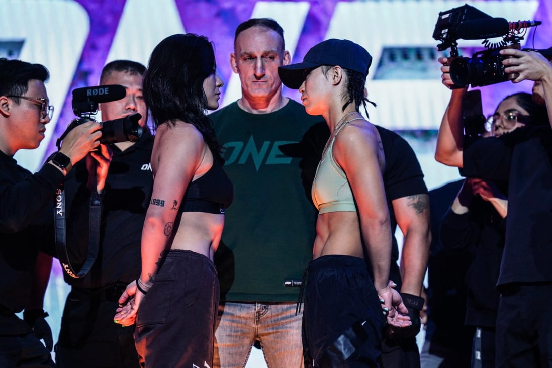 Ham Seo-hee (right) and Itsuki Hirata face off at the ONE Championship 163 ceremonial weigh-ins. Photos: ONE Championship