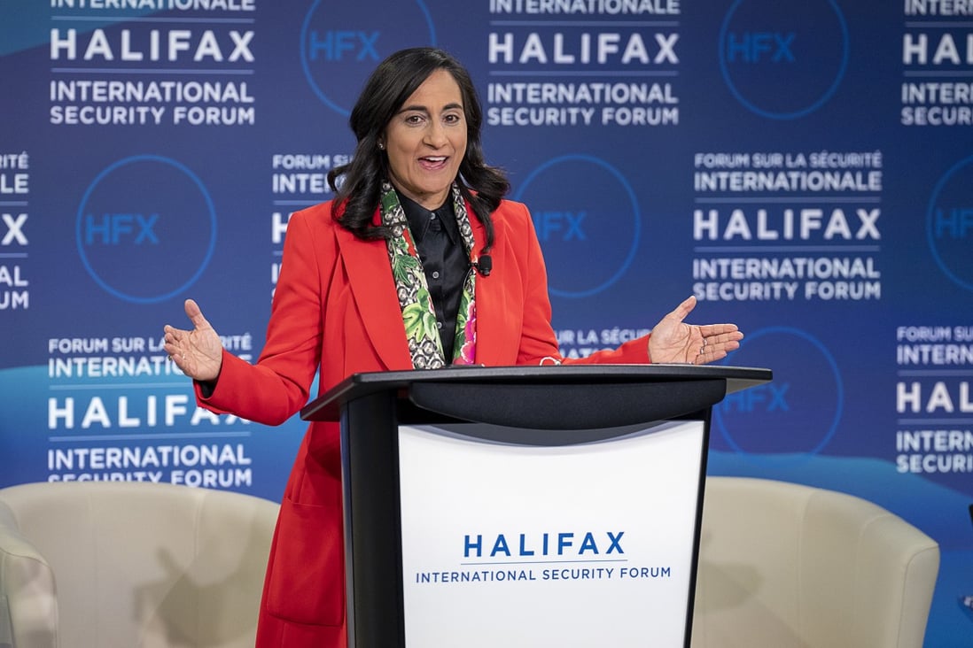 Canada’s defence minister Anita Anand addresses the opening session at the Halifax International Security Forum in Halifax, Nova Scotia, Canada on Friday. Photo: The Canadian Press via AP