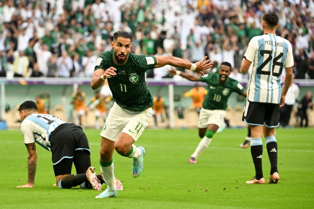 Saudi Arabia’s Saleh Alshehri (front) celebrates after scoring against Argentina. Photo: Xinhua