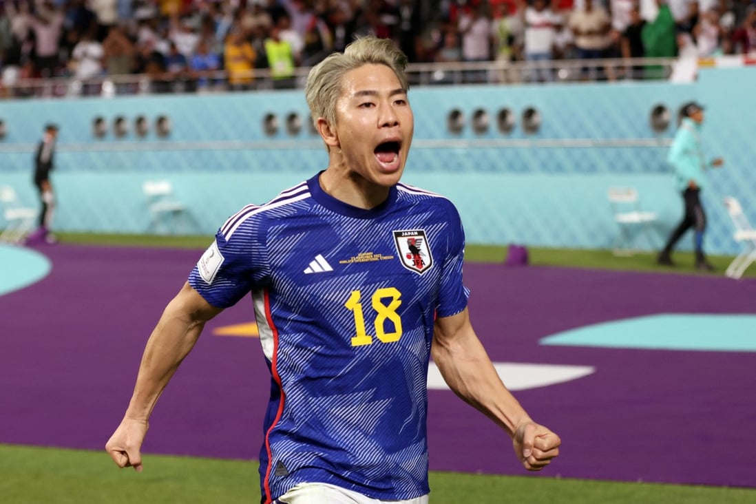Japan’s Takuma Asano celebrates scoring their second goal against Germany at the 2022 Fifa World Cup. Photo: Reuters