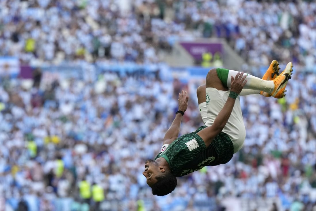Saudi Arabia’s Salem Al-Dawsari celebrates after scoring against Argentina. Photo: AP