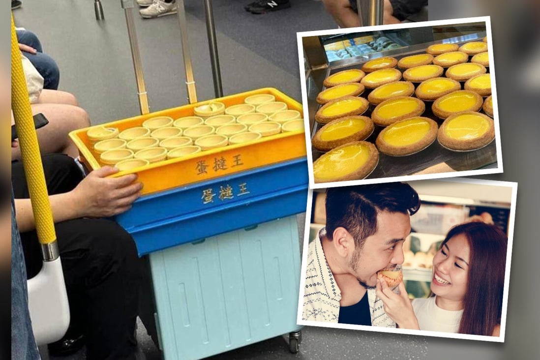 A bakery worker sparked online concerns about hygiene when he took tray-loads of Hong Kong’s iconic egg tart delicacy onto the city’s busy mass transit railway system. Photo: SCMP Composite.