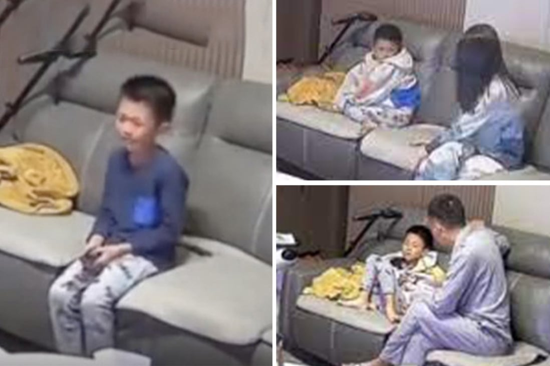 In the latest case of tough love parenting in China, a boy caught by his parents watching too much TV is made to watch television for hours as a punishment. Photo: SCMP composite/Handout