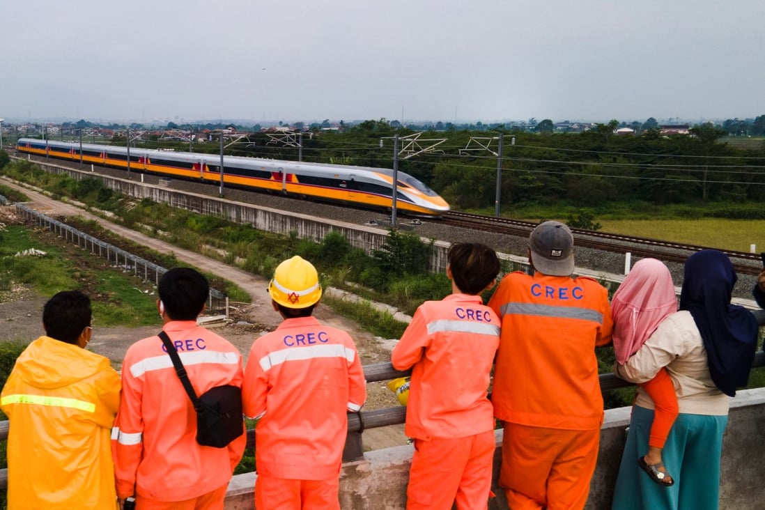 A test train zips along a trial section of the Jakarta-Bandung high-speed railway in Indonesia on November 8. The prestigious project reflects China’s expanding economic influence in Southeast Asia. Photo: Xinhua