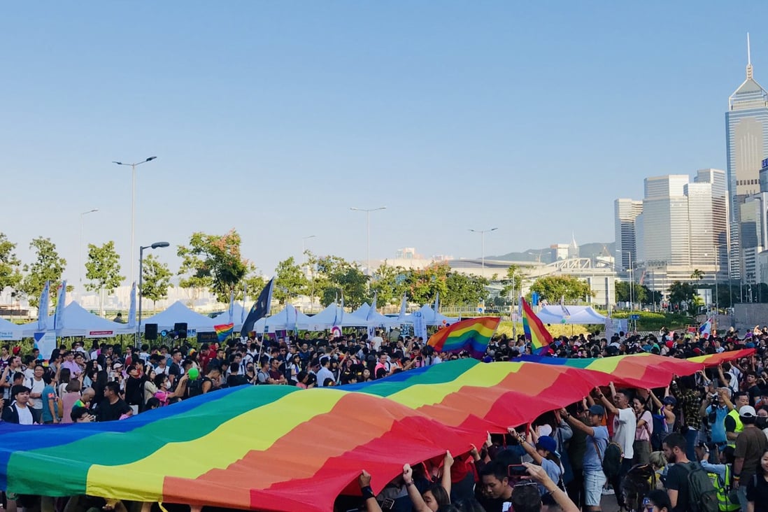 People hold up a rainbow flag at a Pride Parade assembly in Central in November 2019. Photo: Chan Ho-him