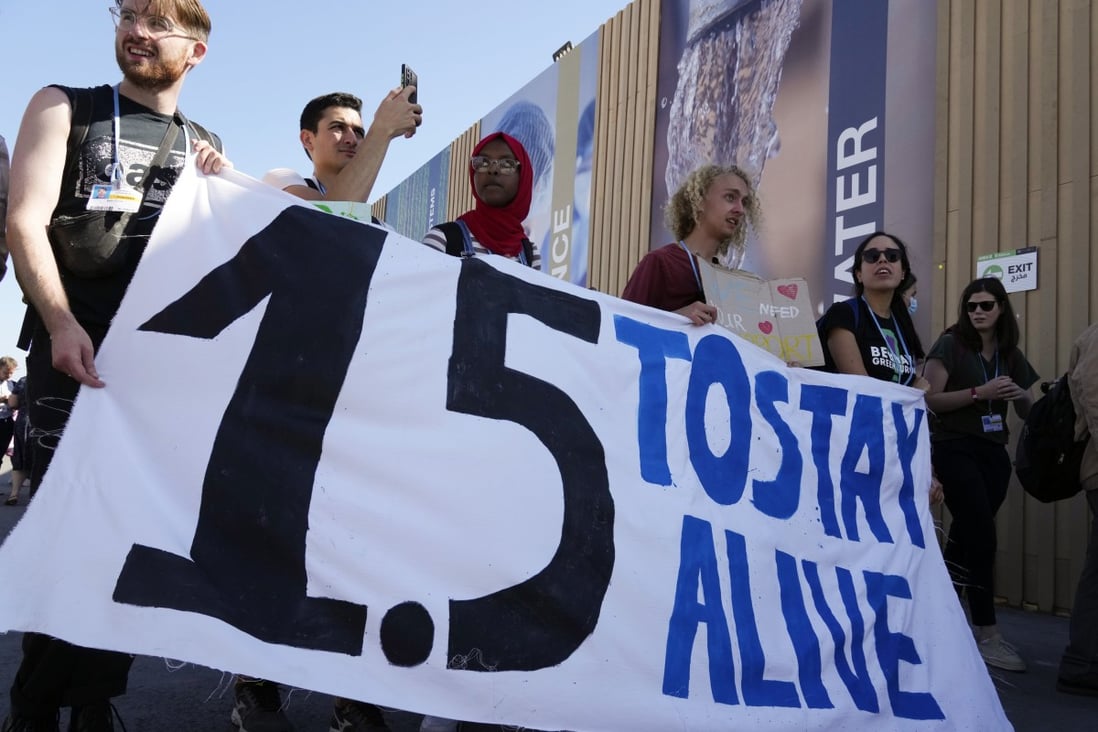 Demonstrators hold a sign during a protest that reads “1.5 to stay alive” at the COP27 UN climate summit on November 12 in Sharm el-Sheikh, Egypt. Photo: AP