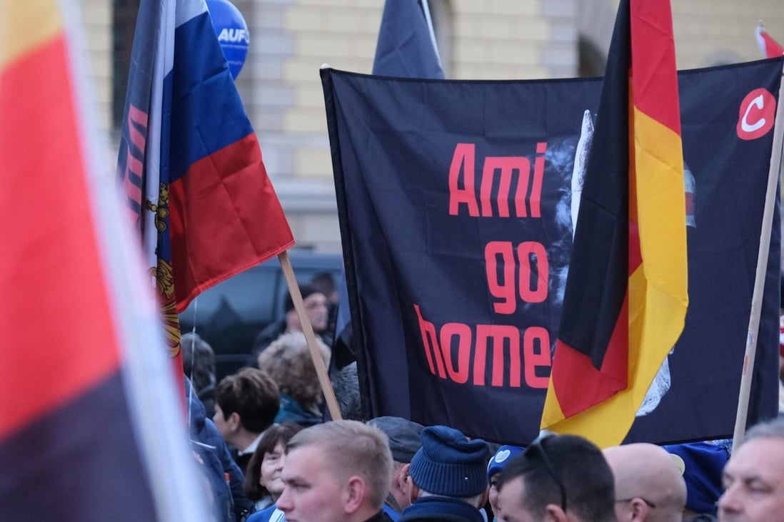 Demonstrators take part in a gathering under the slogan “Ami go home” in Leipzig, Germany on Saturday. Photo: dpa