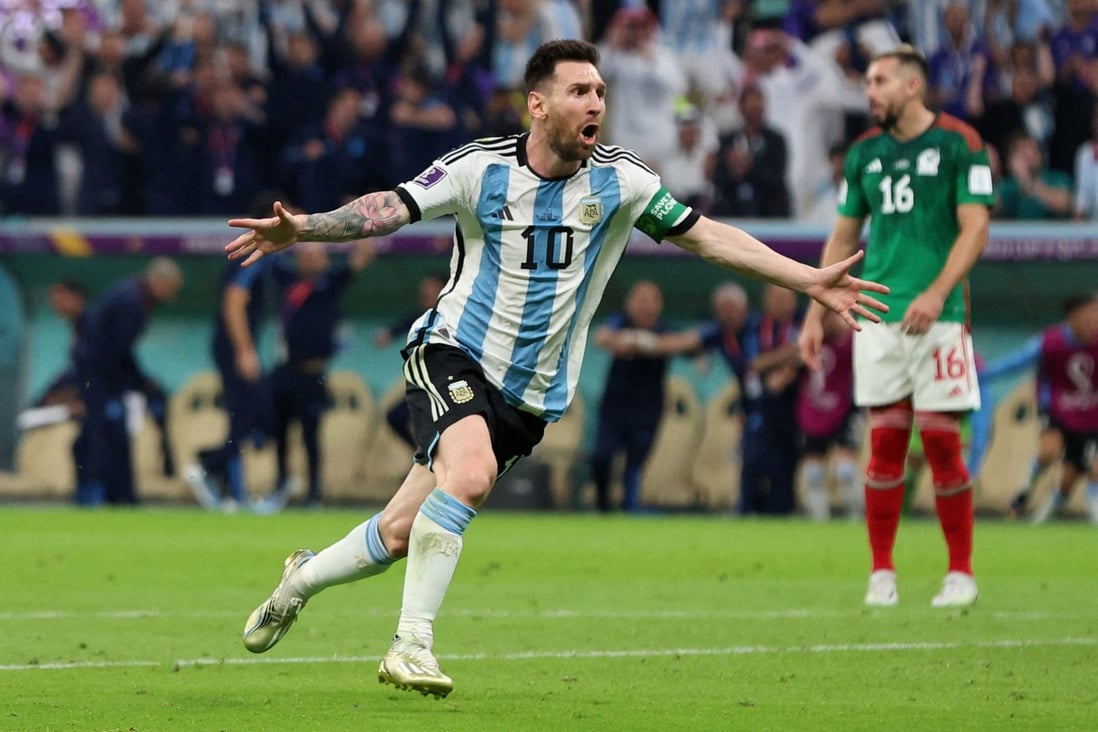 Argentina’s Lionel Messi celebrates scoring their first goal. Photo: Reuters