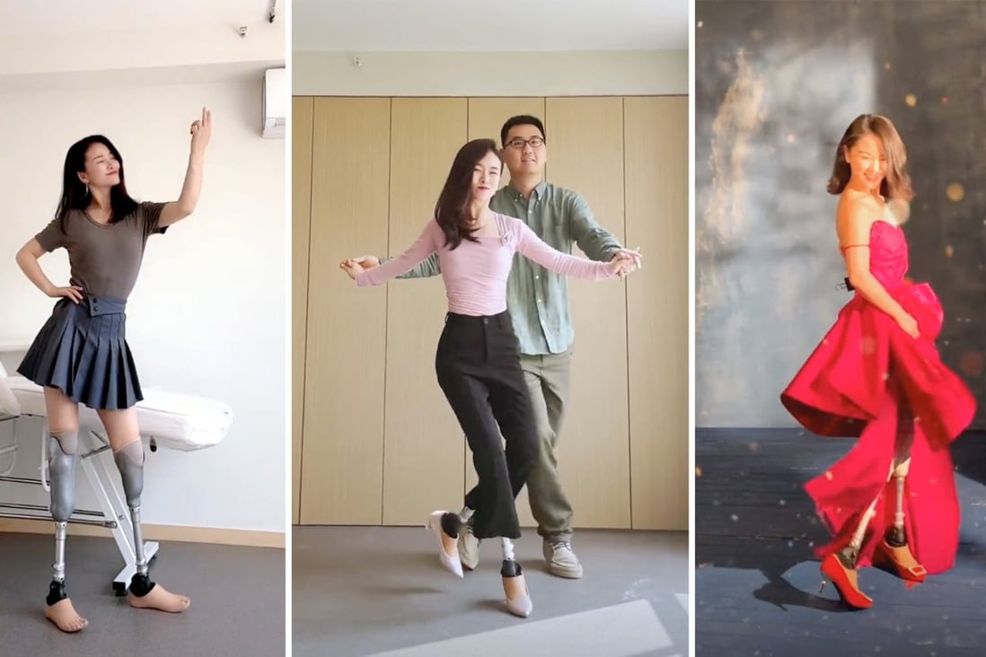 Years of hard work and dedication, plus prosthetic limbs designed by her supportive husband have allowed a Chinese woman who lost both legs in an earthquake to dance in high heels again. Photo: SCMP Composite